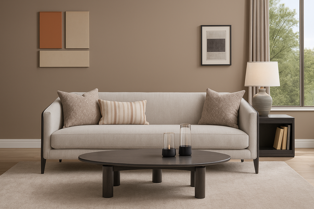Sofa Beige Con Estructura De Madera Negra Con Vetas 3 Puestos