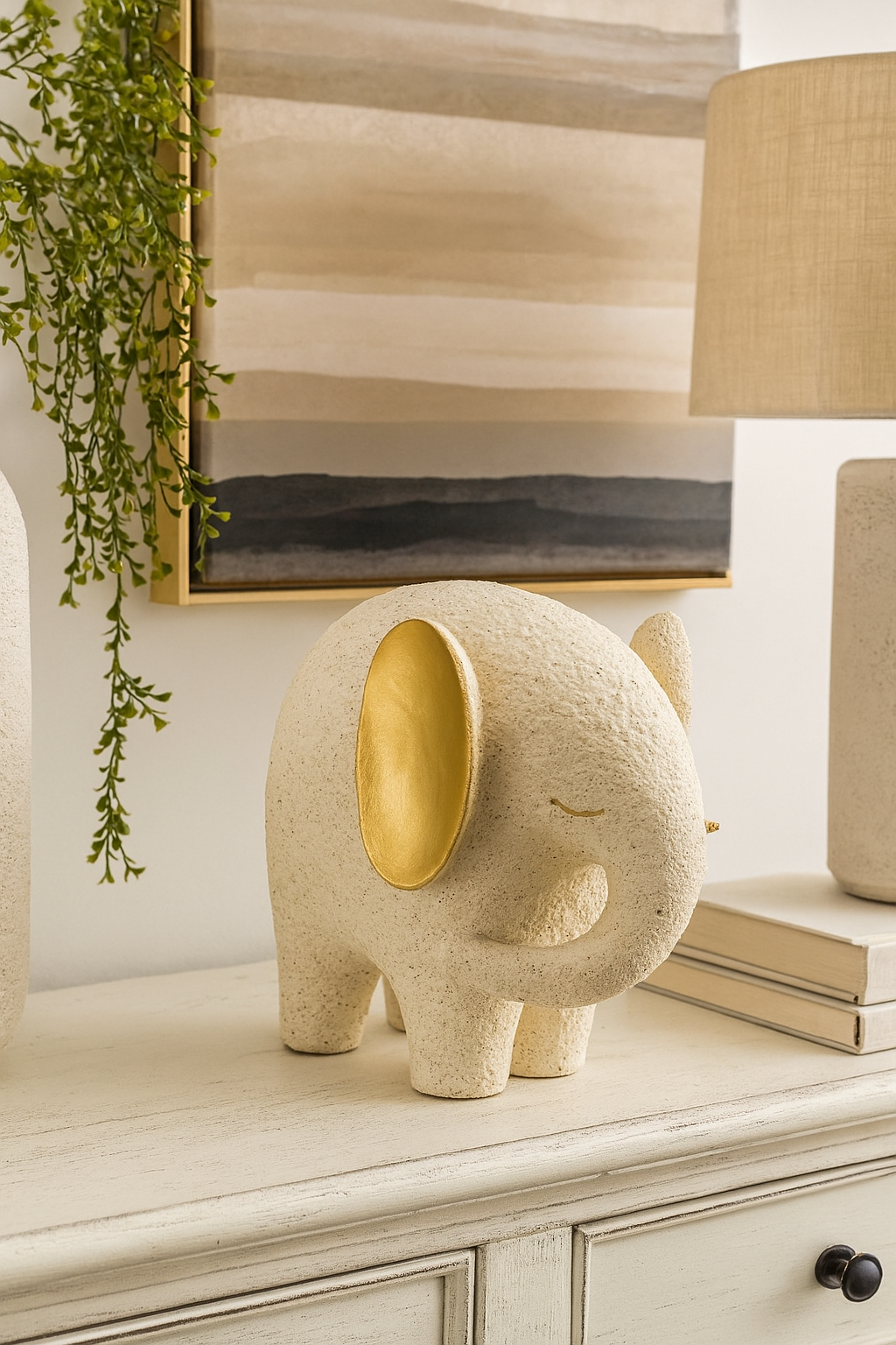 Adorno Decorativo De Ceramica De Elefantecolor Beige "A"